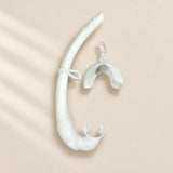 TibaToes foldable snorkel in White, with its curved silicone tube, mouthpiece, mask keeper and matching storage cover.