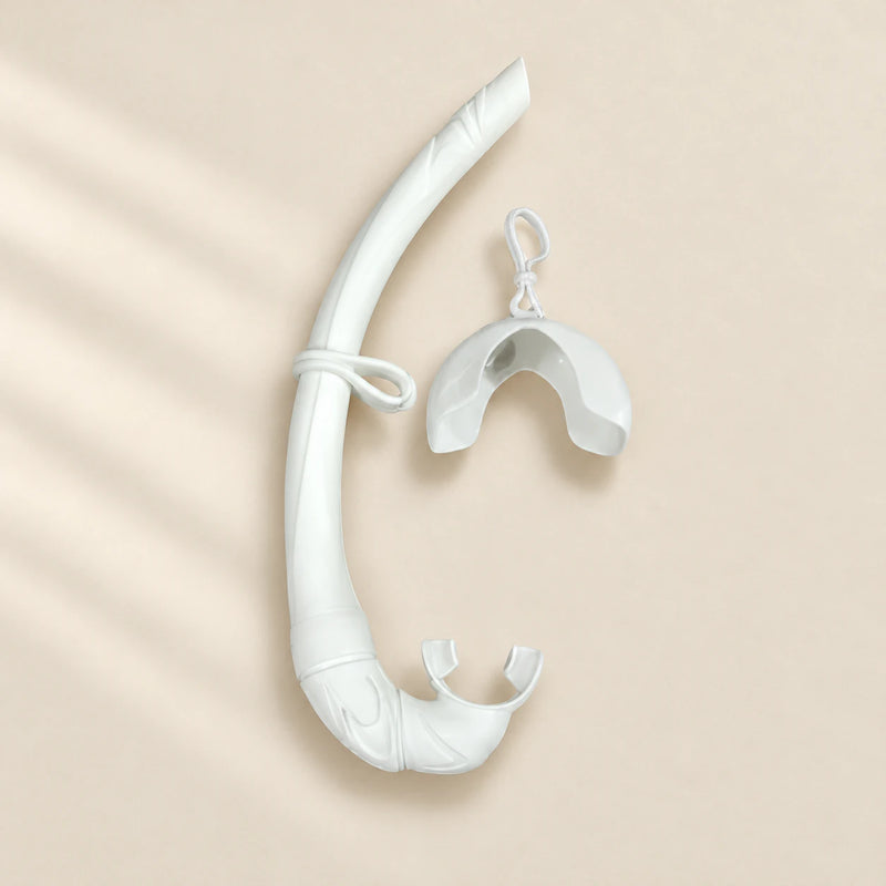 TibaToes foldable snorkel in White, with its curved silicone tube, mouthpiece, mask keeper and matching storage cover.