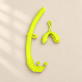 TibaToes foldable snorkel in Yellow Honey Bee, with its curved silicone tube, mouthpiece, mask keeper and matching storage cover.