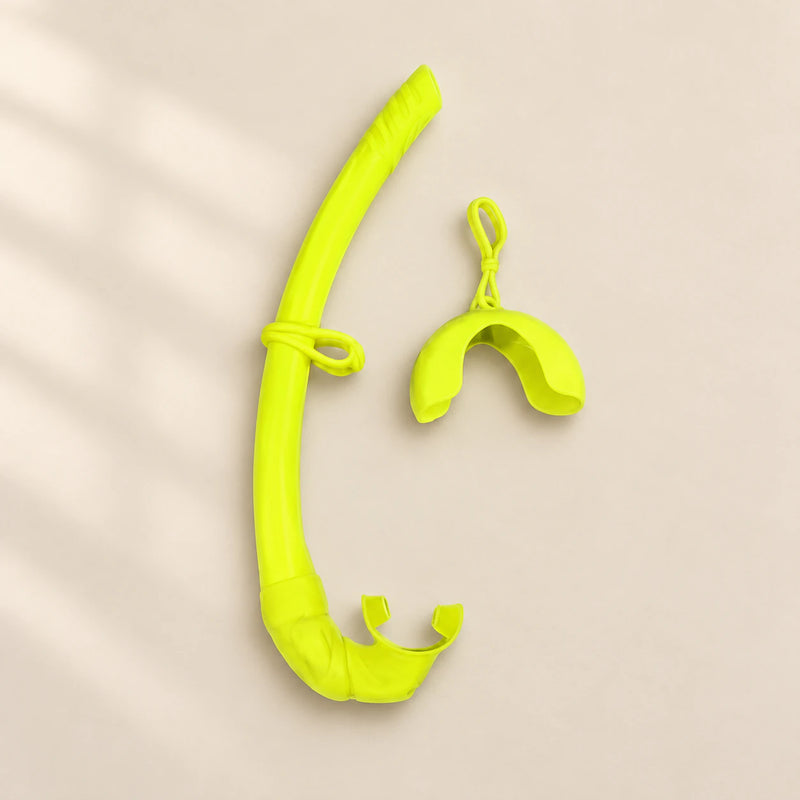 TibaToes foldable snorkel in Yellow Honey Bee, with its curved silicone tube, mouthpiece, mask keeper and matching storage cover.