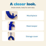 Three labelled details of the blue snorkel: mouthpiece, mask keeper and matching storage cover.