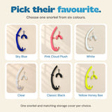 Six individual snorkel colour choices labelled Sky Blue, Pink Cloud Plush, White, Clear, Classic Black and Yellow Honey Bee.