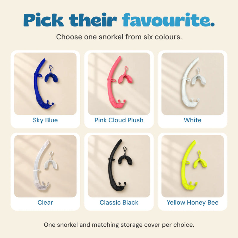 Six individual snorkel colour choices labelled Sky Blue, Pink Cloud Plush, White, Clear, Classic Black and Yellow Honey Bee.