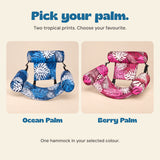 DriftLeaf pool hammock colour choices, Ocean Palm in blue and Berry Palm in pink. One hammock in the selected colour.