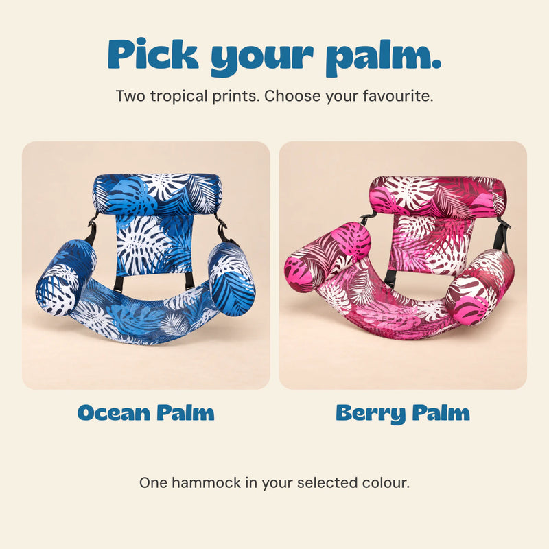 DriftLeaf pool hammock colour choices, Ocean Palm in blue and Berry Palm in pink. One hammock in the selected colour.