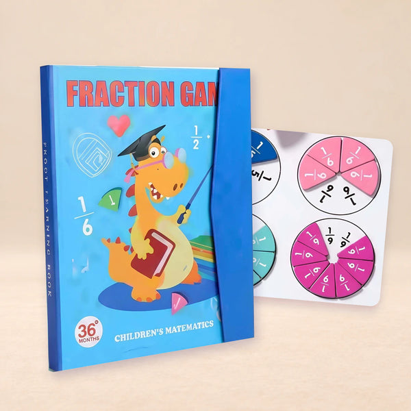 FractionMaster blue folding math board cover with a close-up preview of the original fraction circles on a warm beige background.
