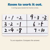 Original writing space on the FractionMaster board showing example equations and comparisons.