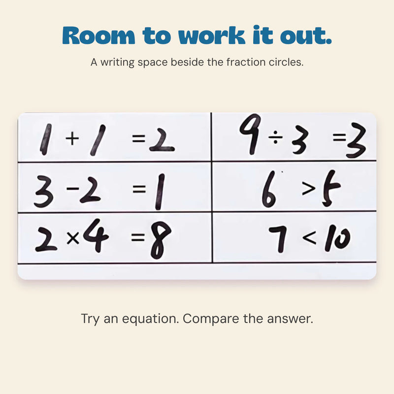 Original writing space on the FractionMaster board showing example equations and comparisons.