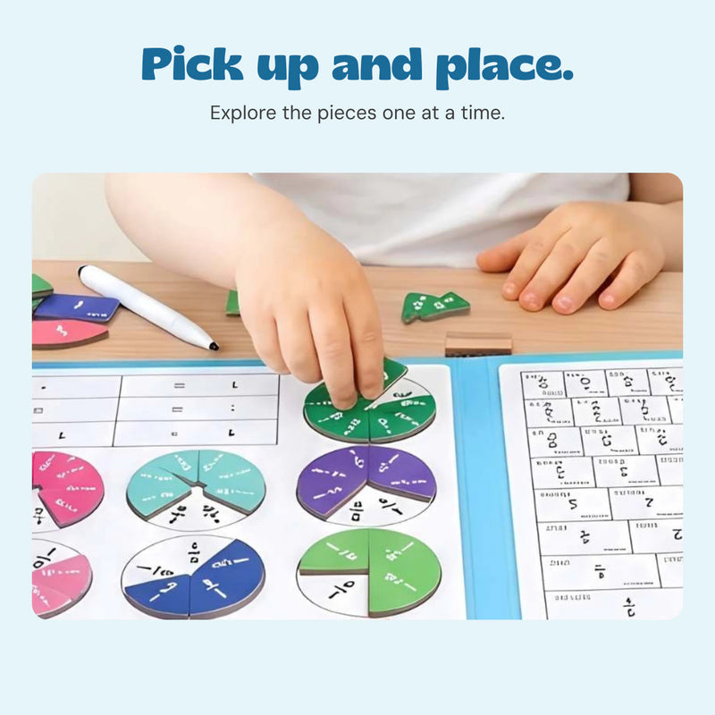 Hands placing a green fraction piece on the original open FractionMaster board.