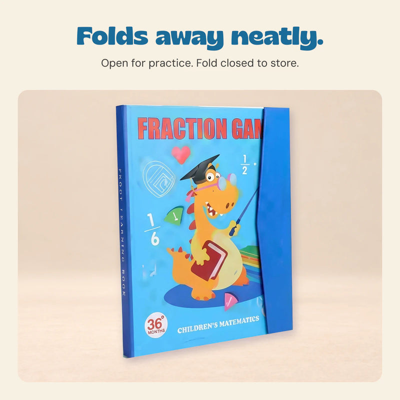 FractionMaster blue dinosaur-cover folder folded closed on a warm beige studio background.
