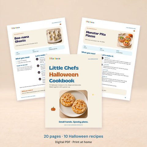 Little Chefs Halloween Cookbook digital PDF, with the cover and actual Boo-nana Ghosts and Monster Pita Pizzas recipe pages. 20 pages and 10 recipes.
