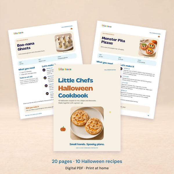 Little Chefs Halloween Cookbook digital PDF, with the cover and actual Boo-nana Ghosts and Monster Pita Pizzas recipe pages. 20 pages and 10 recipes.
