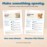 Two actual recipe pages from the Little Chefs Halloween Cookbook showing ingredients, step-by-step instructions and jobs for grown-ups and little chefs.