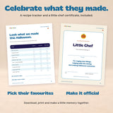 The printable recipe tracker and Little Chef certificate included in the Halloween Cookbook digital PDF.