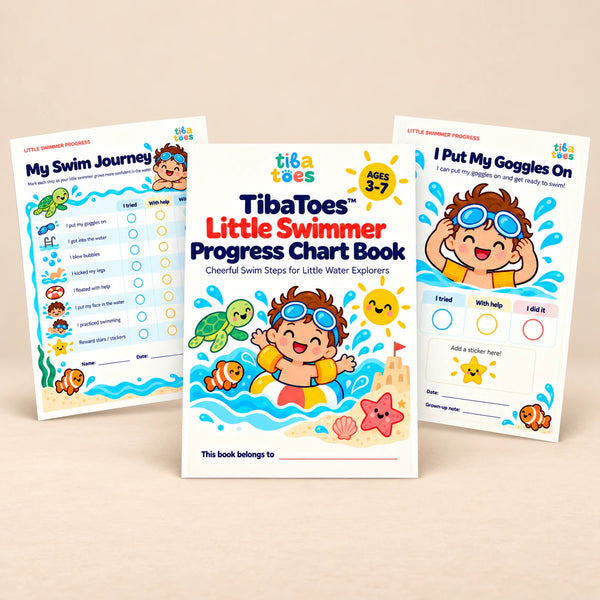 Little Swimmer Progress Chart Book printable PDF cover with My Swim Journey and I Put My Goggles On sample sheets on a warm beige background.