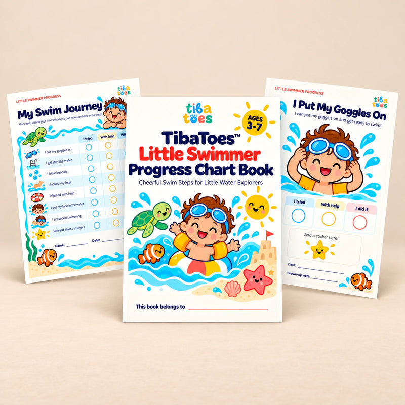 Little Swimmer Progress Chart Book printable PDF cover with My Swim Journey and I Put My Goggles On sample sheets on a warm beige background.