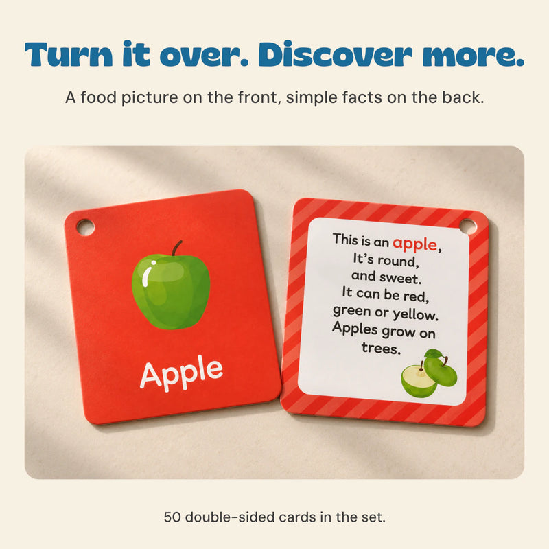 Apple flashcard front and reverse shown together on a warm beige tabletop, with a picture on one side and food facts on the other.