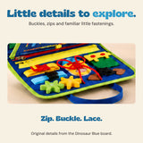 Original close-ups of the blue and lime activity suitcase, showing its buckles, yellow zipper and yellow shoe with red laces.