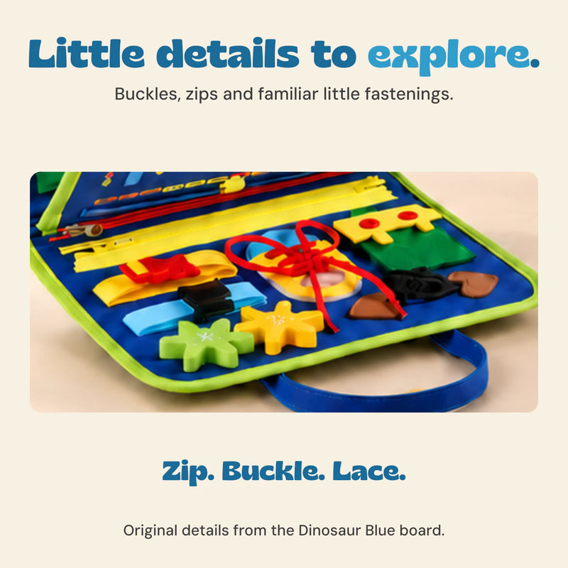 Original close-ups of the blue and lime activity suitcase, showing its buckles, yellow zipper and yellow shoe with red laces.
