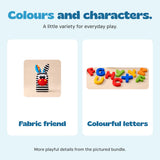 Close views show the striped fabric animal and the loose colourful letters included in the Explorer Bundle.