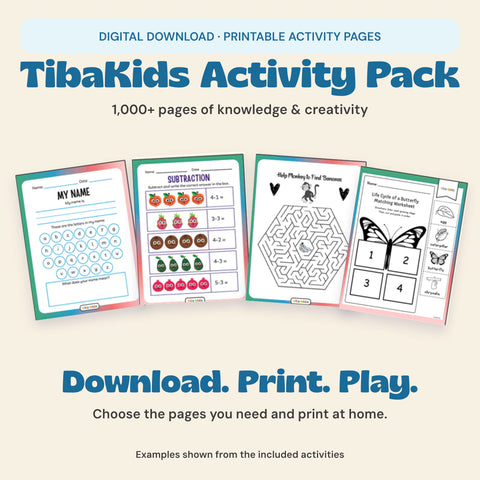 TibaKids digital educational activity pack with original printable worksheet previews. Download and print at home; no physical product is shipped.