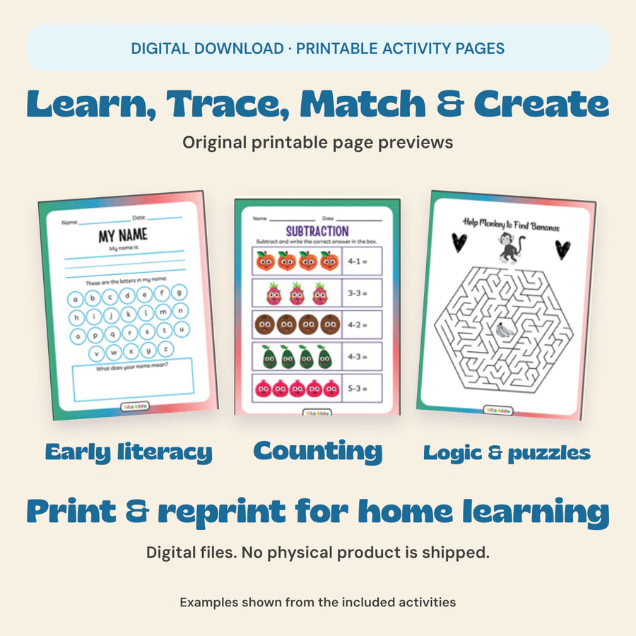 TibaKids digital educational activity pack with original printable worksheet previews. Download and print at home; no physical product is shipped.