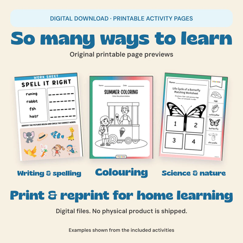 TibaKids digital educational activity pack with original printable worksheet previews. Download and print at home; no physical product is shipped.