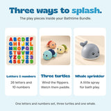 The bundle includes a foam alphabet and number set, three wind-up turtles and one grey whale sprinkler.