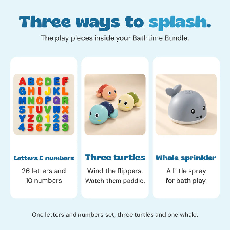 The bundle includes a foam alphabet and number set, three wind-up turtles and one grey whale sprinkler.