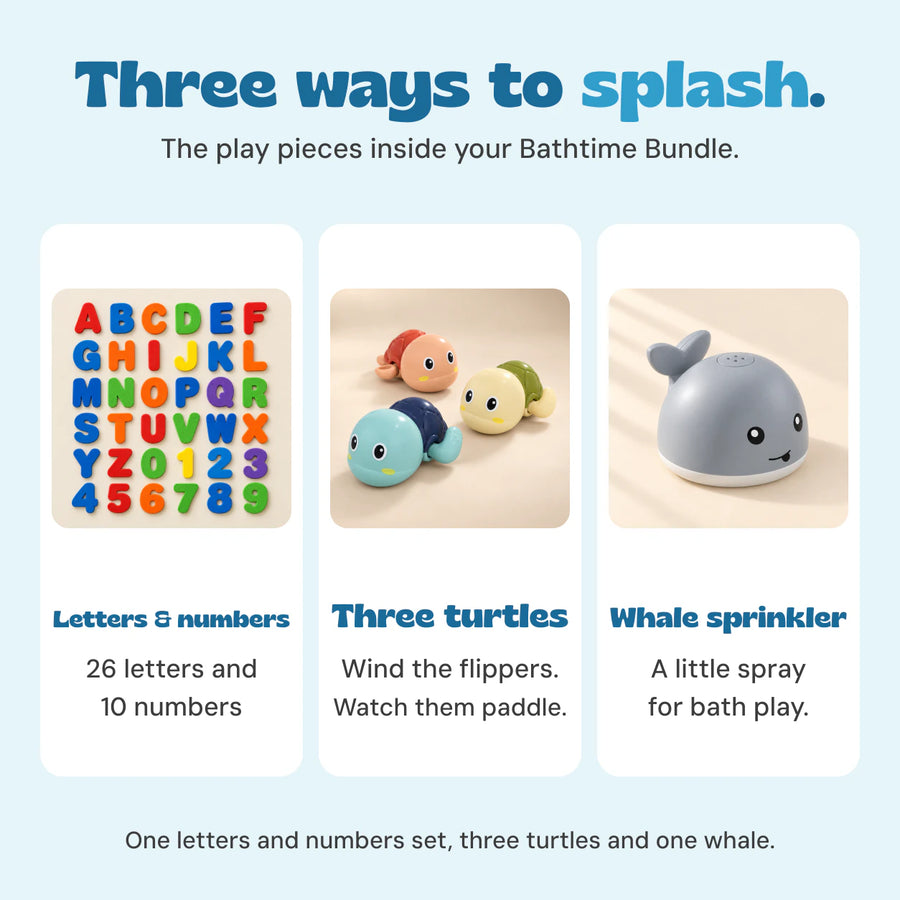 The bundle includes a foam alphabet and number set, three wind-up turtles and one grey whale sprinkler.