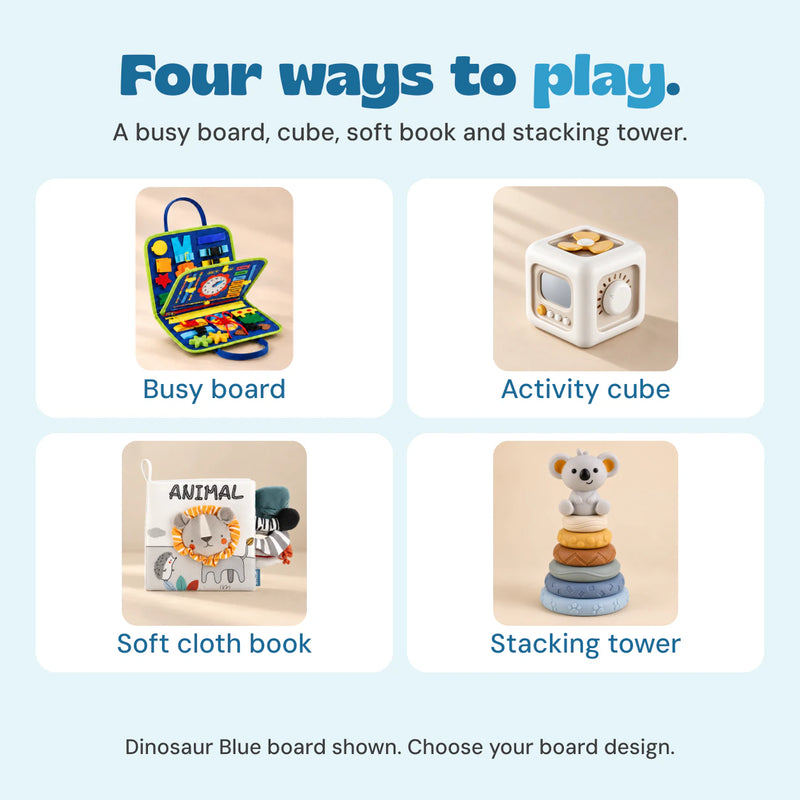 The four included toys shown separately: busy board, off-white activity cube, ANIMAL lion cloth book and koala stacking tower.