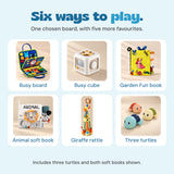 Six included product types: one chosen busy board, busy cube, Garden Fun book, Animal soft book, giraffe rattle and three turtles.