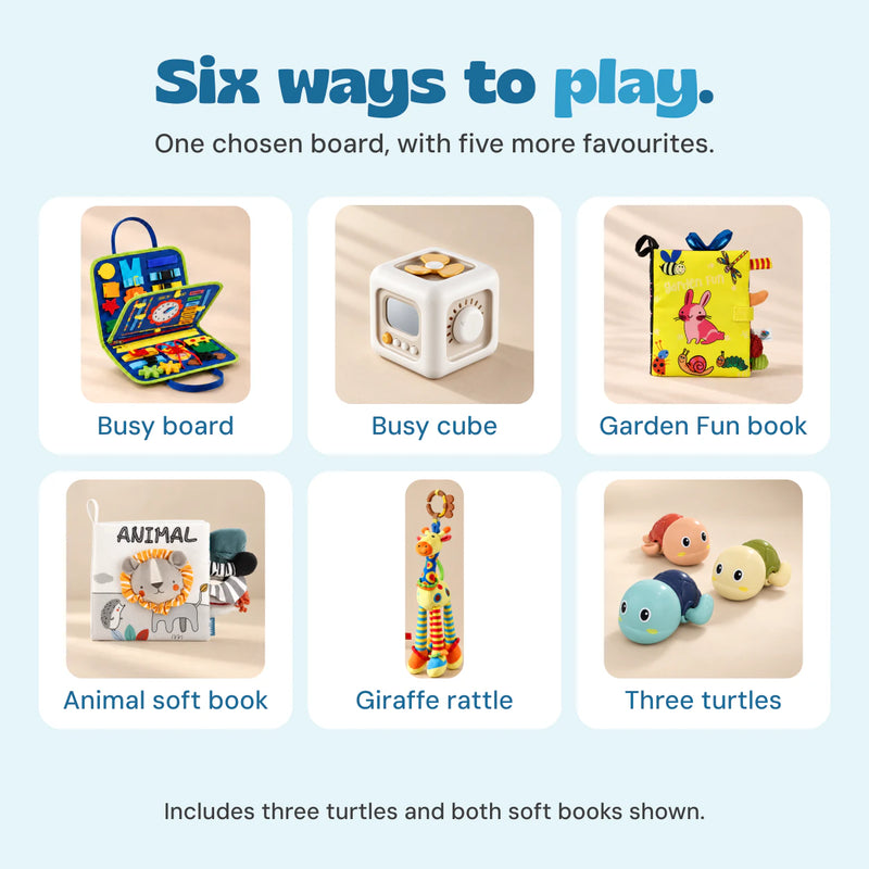 Six included product types: one chosen busy board, busy cube, Garden Fun book, Animal soft book, giraffe rattle and three turtles.