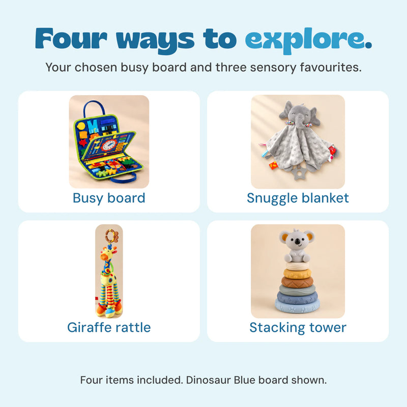 Four included items shown separately: busy board, grey elephant snuggle blanket, blue-neck yellow giraffe rattle and six-ring koala stacking tower.