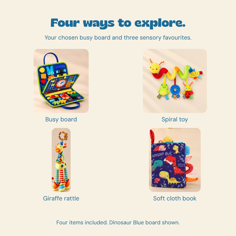 Four included toy types in the Sensory Explorer Bundle: busy board, soft book, giraffe toy and hanging toy. Dinosaur Blue configuration shown.