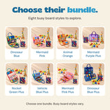 Eight Sensory Explorer Bundle choices: Dinosaur Blue, Mermaid Pink, Animal Orange, Mermaid Purple Plus, Rocket Green Plus, Vehicle Blue Plus, Mermaid Pink Plus and Dinosaur Blue Plus.