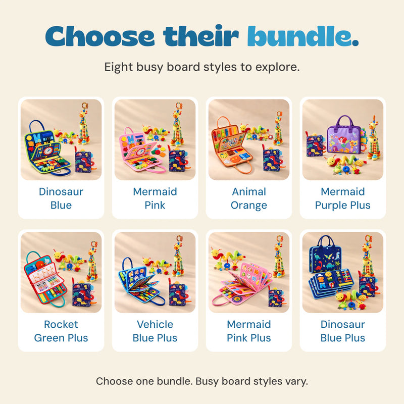 Eight Sensory Explorer Bundle choices: Dinosaur Blue, Mermaid Pink, Animal Orange, Mermaid Purple Plus, Rocket Green Plus, Vehicle Blue Plus, Mermaid Pink Plus and Dinosaur Blue Plus.