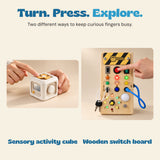 Two hands-on views show the white sensory activity cube spinner and a finger pressing the wooden switch board, with its lights illuminated.