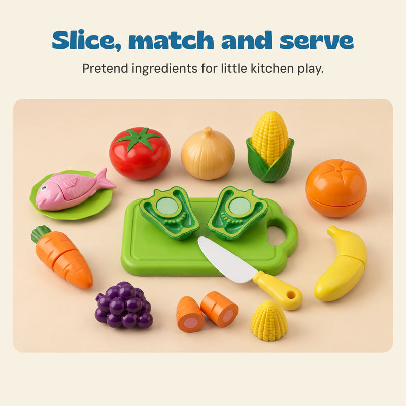 Slice, match and serve. Pretend ingredients for little kitchen play.