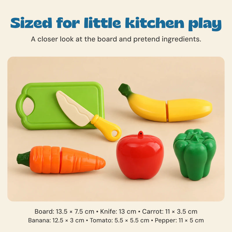 Sized for little kitchen play. A closer look at the board and pretend ingredients.