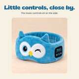 Blue owl CozyCritter headband with the side music control panel.