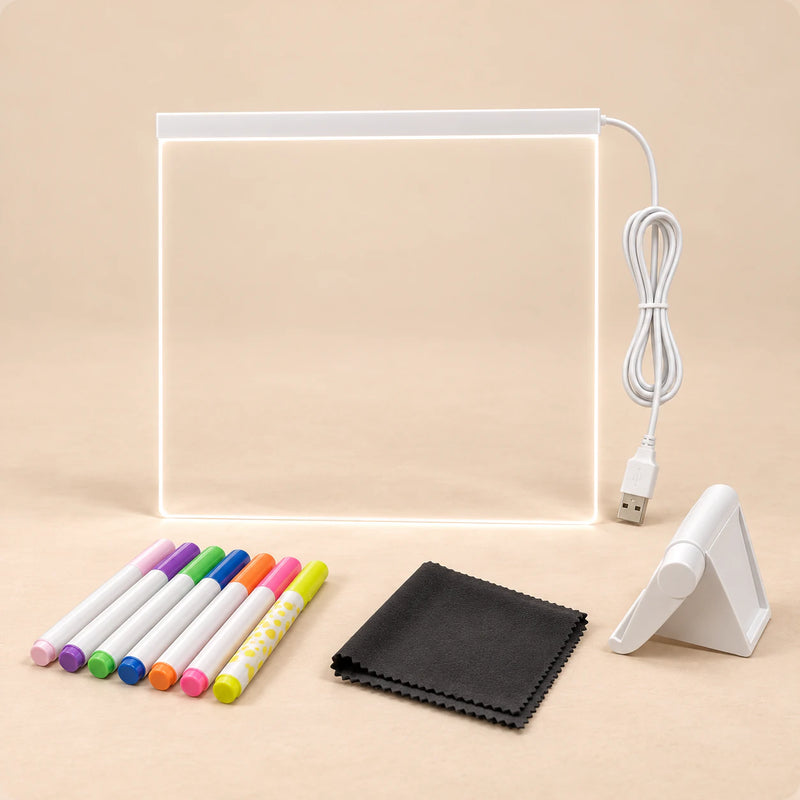 TibaToes™ GlowScribble Light-Up Drawing Board shown in a warm beige studio with realistic depth.
