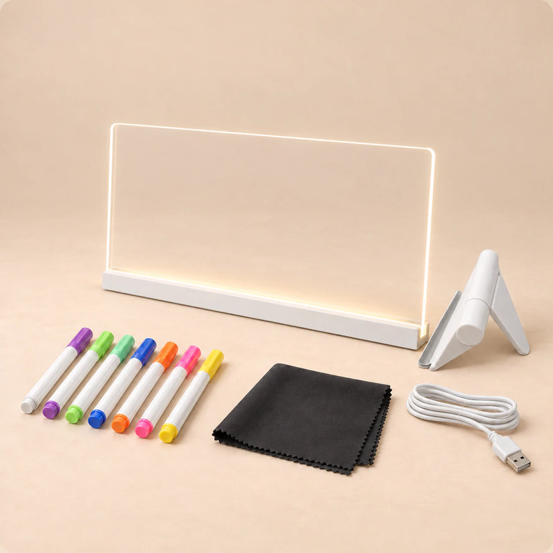 TibaToes™ GlowScribble Light-Up Drawing Board shown in a warm beige studio with realistic depth.