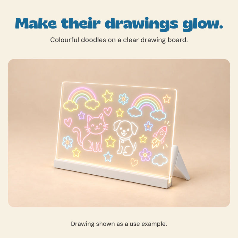 Make their drawings glow. Colourful doodles on a clear drawing board.