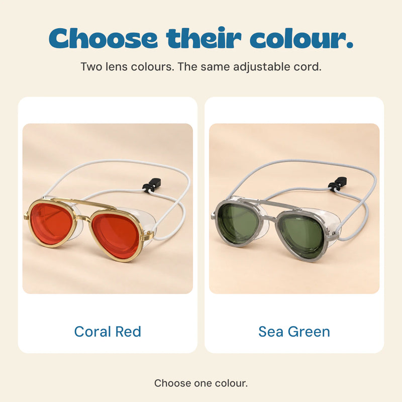 Coral Red and Sea Green SplashView swim goggles shown as separate colour choices.