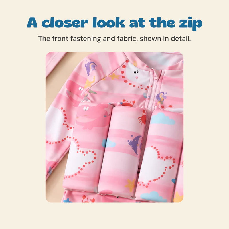 A closer look at the zip. The front fastening and fabric, shown in detail.