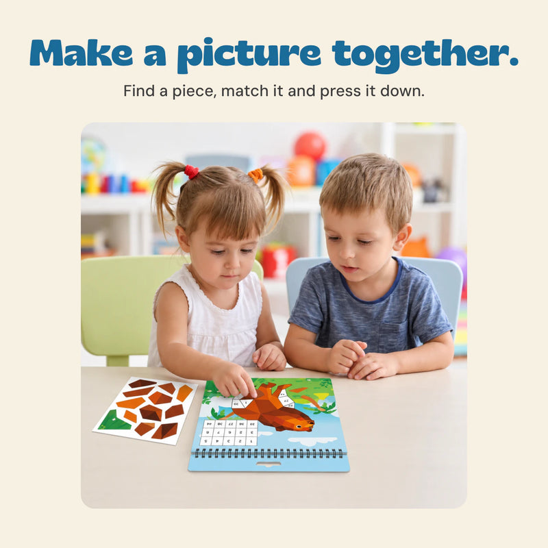 Two children using a StickerPaint bear picture in the original setting.