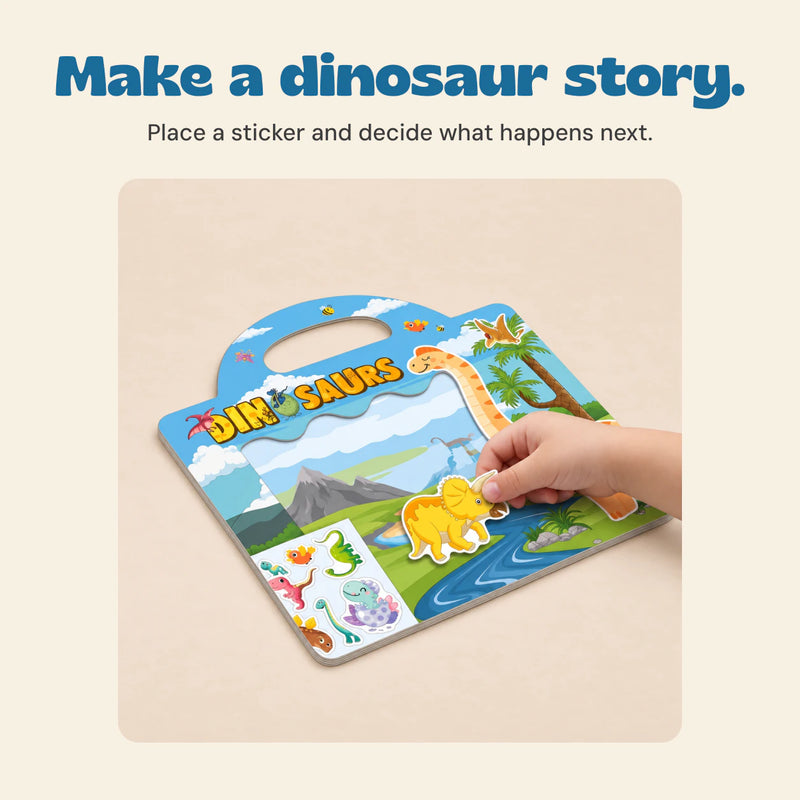 A hand placing a dinosaur sticker onto the dinosaur scene.