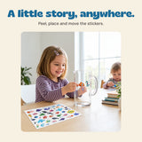 Child placing a reusable sticker on a glass jug in the original setting.