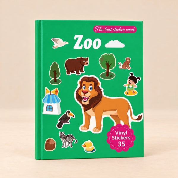 MiniScene Zoo reusable sticker book on a warm beige studio background.